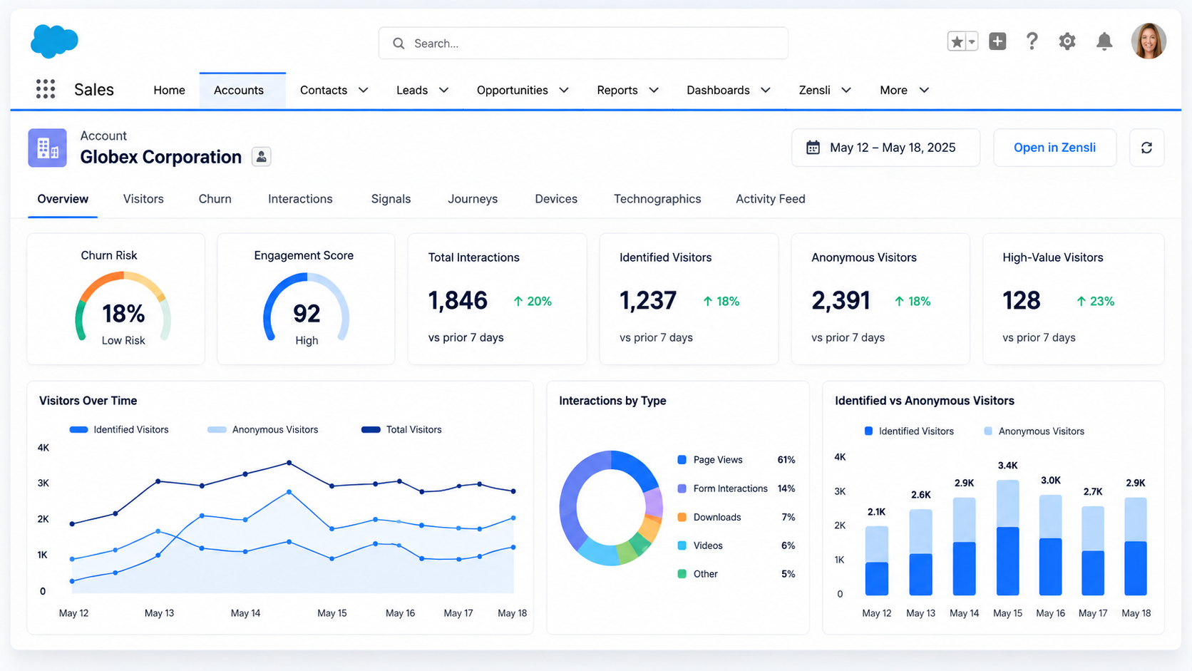 Zensli Account intelligence embedded in Salesforce showing churn, interactions and identified versus anonymous visitors
